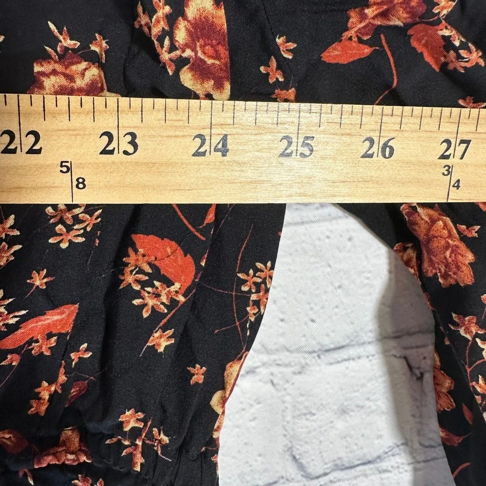 Free People Black Orange Floral Long Sleeve Ruffle Mini Dress XS Pockets FLAW